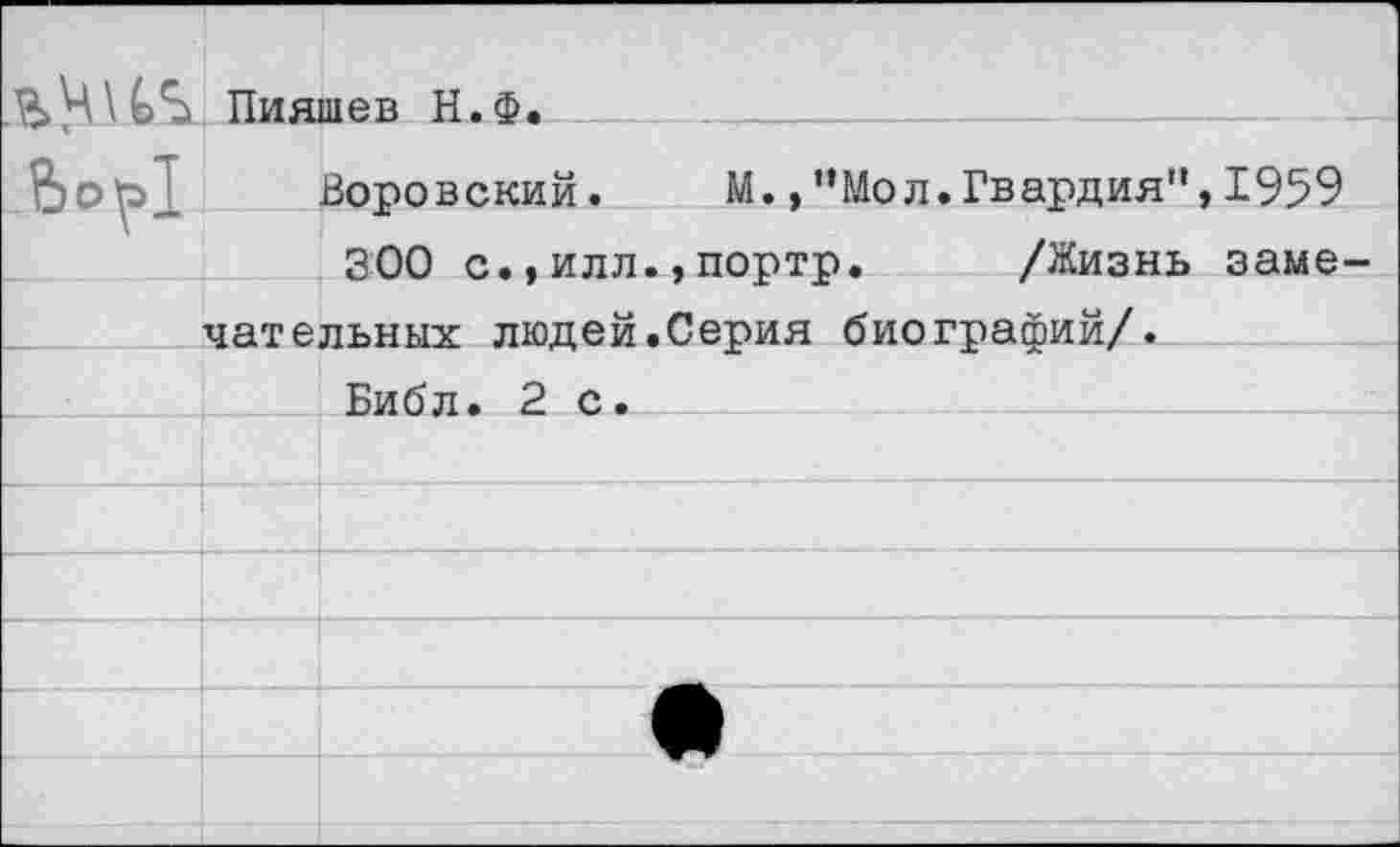 ﻿ЬоЫ	Пияшев Н.Ф. Воровский. М.,"Мол.Гвардия",1959
	300 с..илл..порто.	/Жизнь заме-
дательных людей.Серия биографий/.	
Библ. 2 с.	